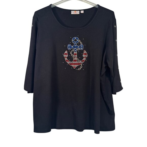 Quacker Factory 3X Rhinestone Anchor Black 3/4 Sleeve Shirt - Picture 1 of 6